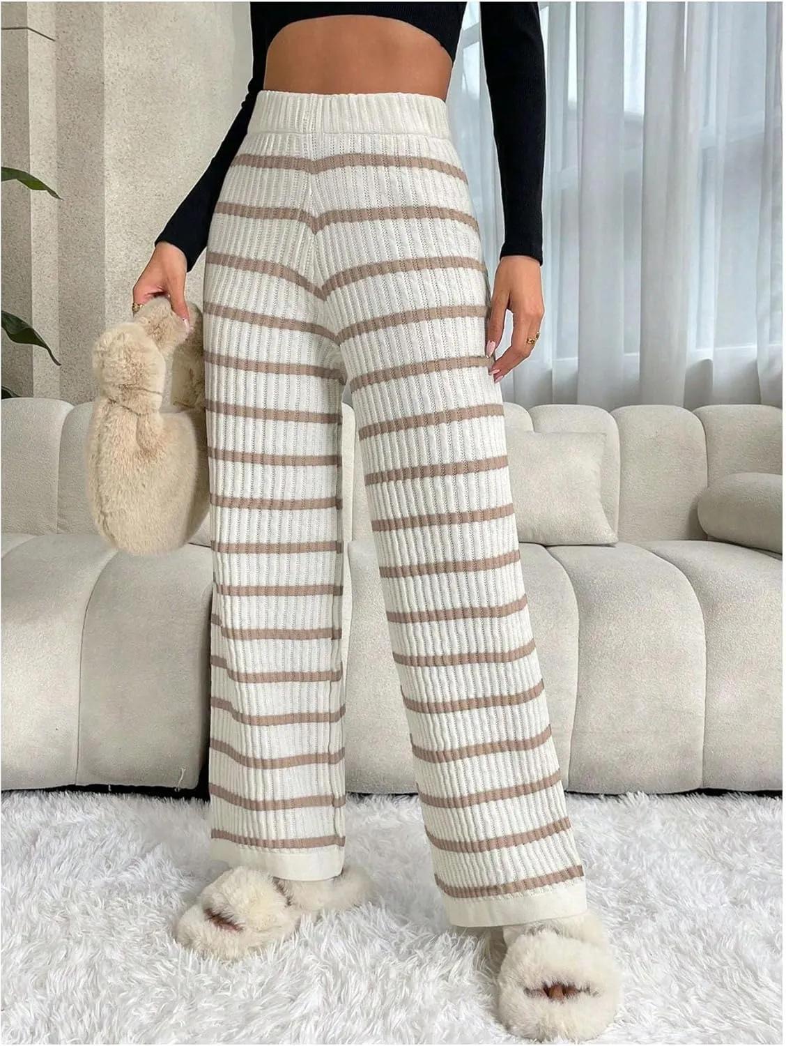 Verdusa Women's Elastic High Waist Stripe Print Knitted Lounge Sweater Pants