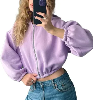 Viatabuna Cropped Zip Up Hoodies for Women Oversized Long Sleeve Casual Loose Short Sweatshirt 90s Hooded Crop Jacket Top