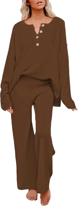 Viottiset Women's 2 Piece Outfits Sweatsuit Knit Long Sleeve Sweater Wide Leg Pants Loungewear