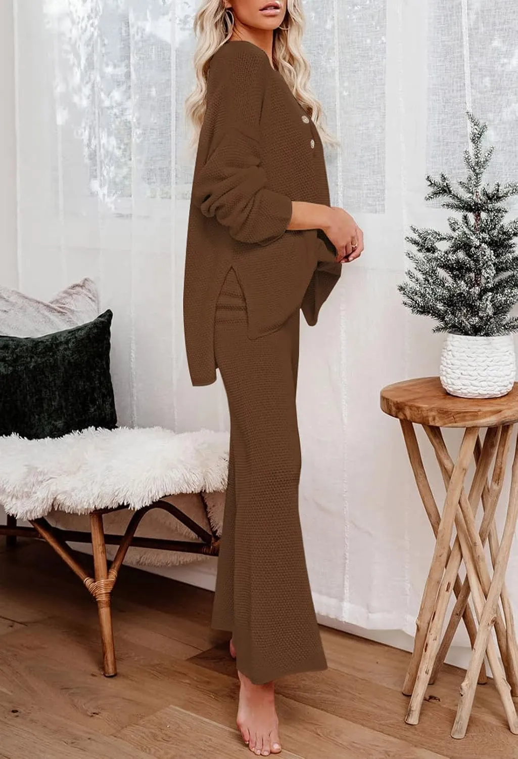 Viottiset Women's 2 Piece Outfits Sweatsuit Knit Long Sleeve Sweater Wide Leg Pants Loungewear