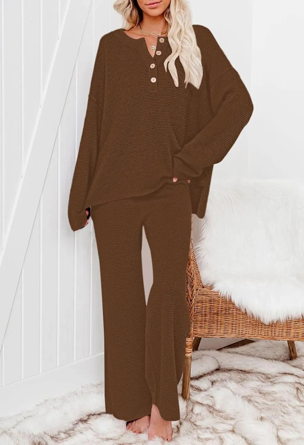 Viottiset Women's 2 Piece Outfits Sweatsuit Knit Long Sleeve Sweater Wide Leg Pants Loungewear