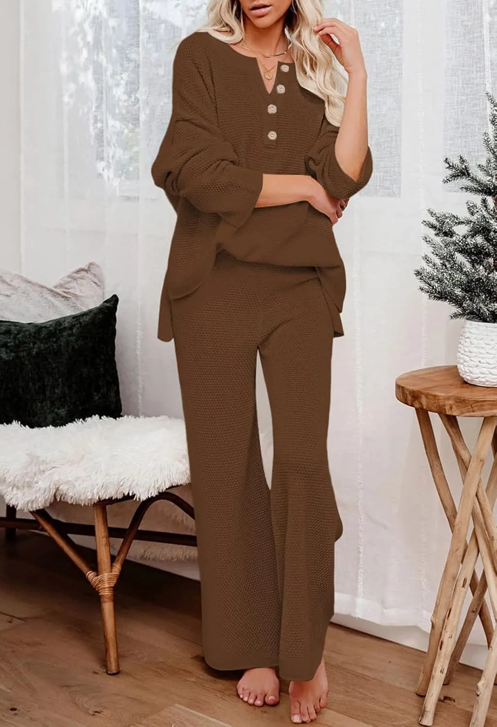 Viottiset Women's 2 Piece Outfits Sweatsuit Knit Long Sleeve Sweater Wide Leg Pants Loungewear