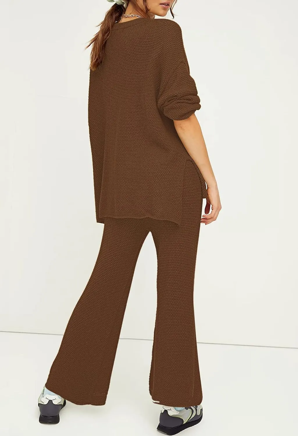 Viottiset Women's 2 Piece Outfits Sweatsuit Knit Long Sleeve Sweater Wide Leg Pants Loungewear