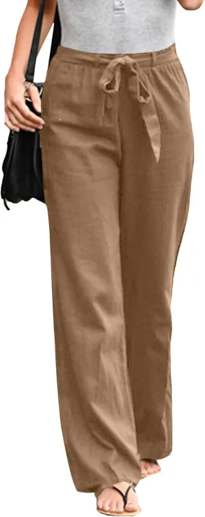 Vrtige Women's Drawstring Elastic High Waist Straight Leg Casual Pants Trousers