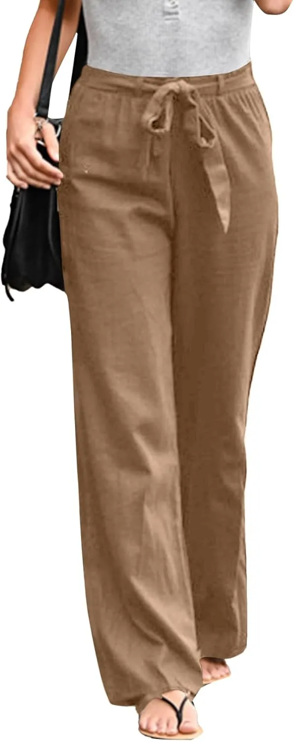 Vrtige Women's Drawstring Elastic High Waist Straight Leg Casual Pants Trousers