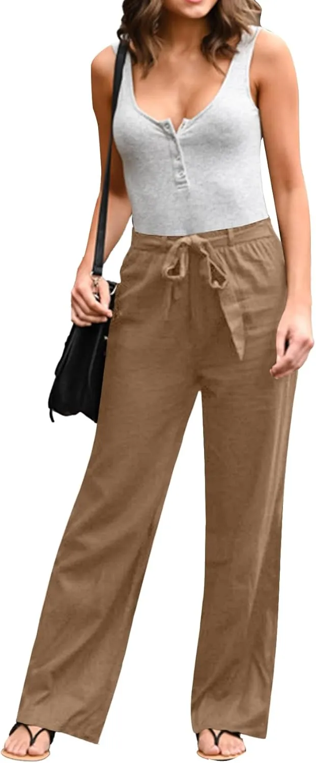 Vrtige Women's Drawstring Elastic High Waist Straight Leg Casual Pants Trousers