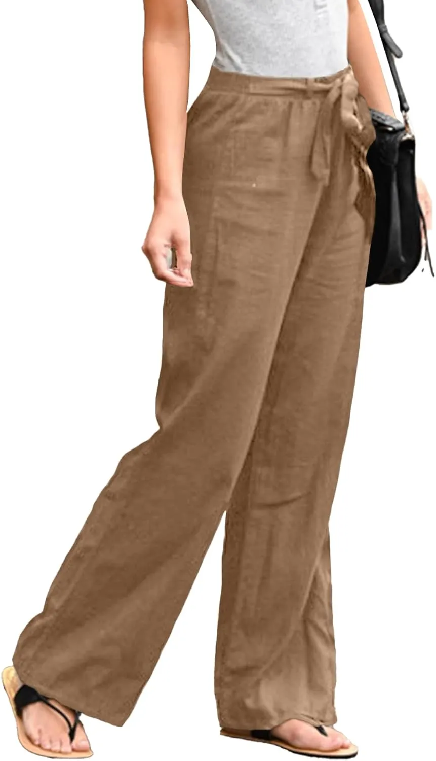 Vrtige Women's Drawstring Elastic High Waist Straight Leg Casual Pants Trousers