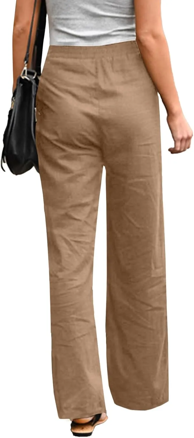 Vrtige Women's Drawstring Elastic High Waist Straight Leg Casual Pants Trousers