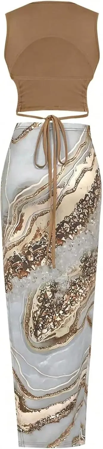 WDIRARA Women's 2 Piece Outfits Floral Print Tie Backless Crop Tank Tops and Drawstring Split Maxi Skirt Sets