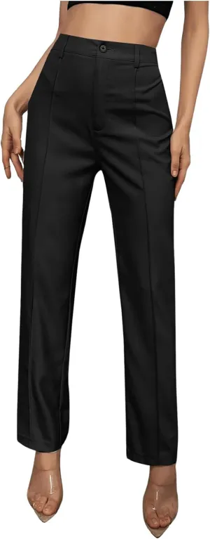 WDIRARA Women's High Waist Button Straight Leg Pants Elegant Business Work Trousers