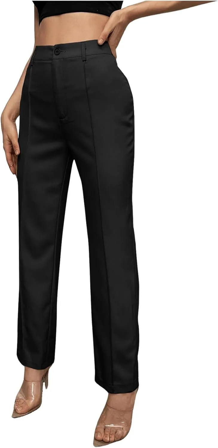 WDIRARA Women's High Waist Button Straight Leg Pants Elegant Business Work Trousers