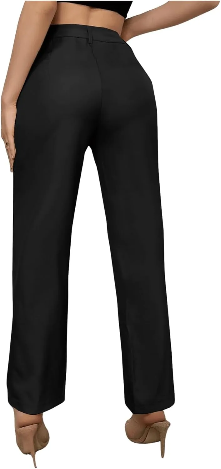 WDIRARA Women's High Waist Button Straight Leg Pants Elegant Business Work Trousers