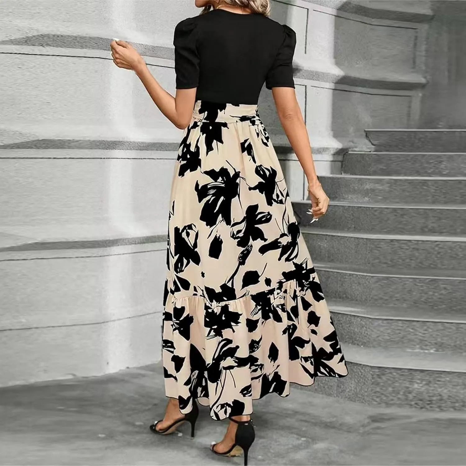 Wedding Guest Dresses for Women 2025 Summer Short Sleeve Floral Long Dress Cocktail Party A Line Flowy Maxi Skirts