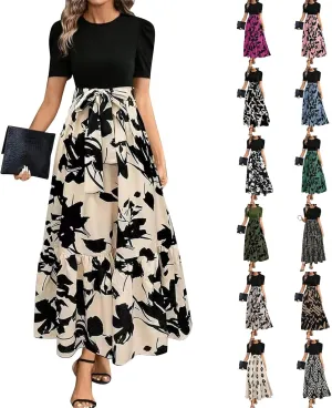 Wedding Guest Dresses for Women 2025 Summer Short Sleeve Floral Long Dress Cocktail Party A Line Flowy Maxi Skirts
