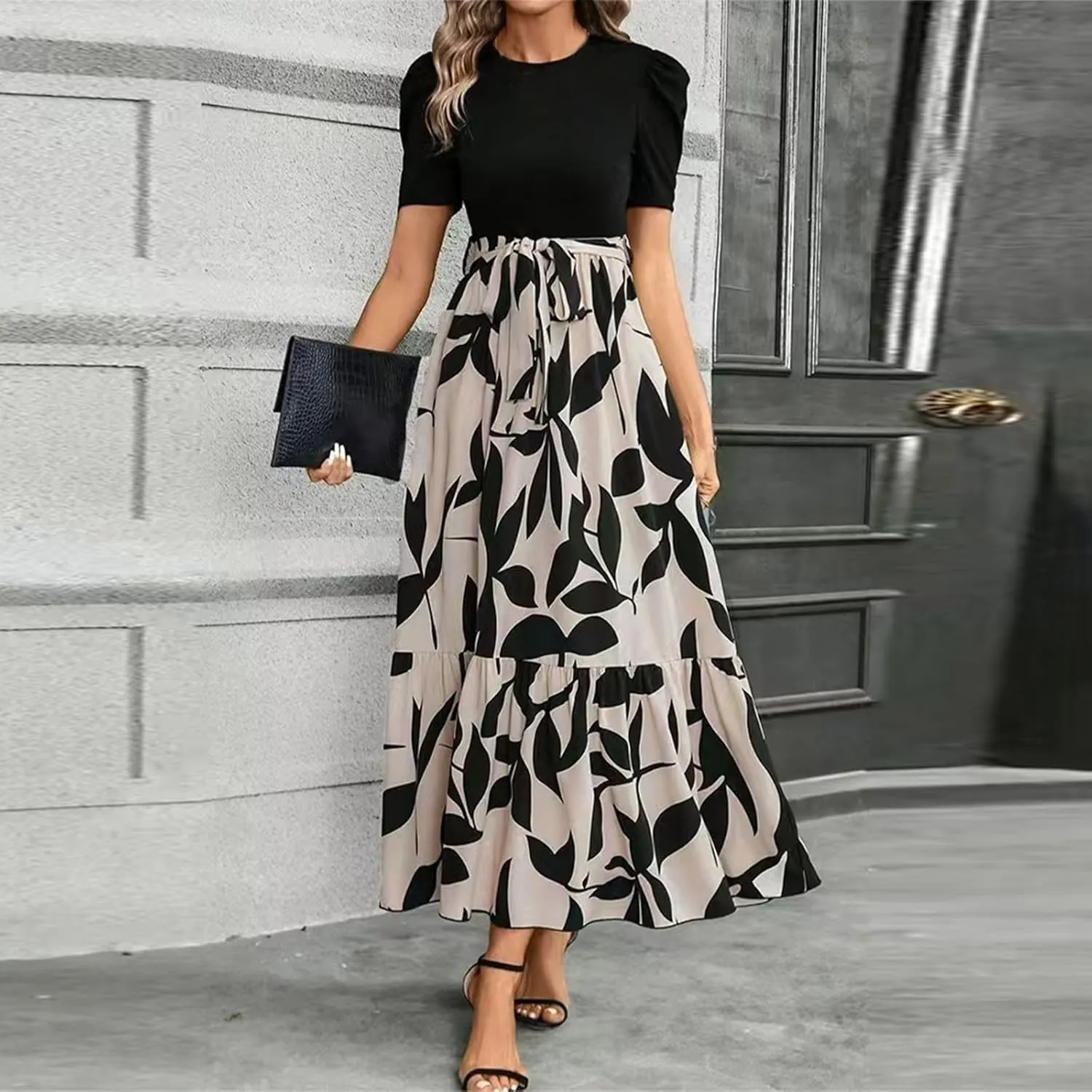 Wedding Guest Dresses for Women 2025 Summer Short Sleeve Floral Long Dress Cocktail Party A Line Flowy Maxi Skirts