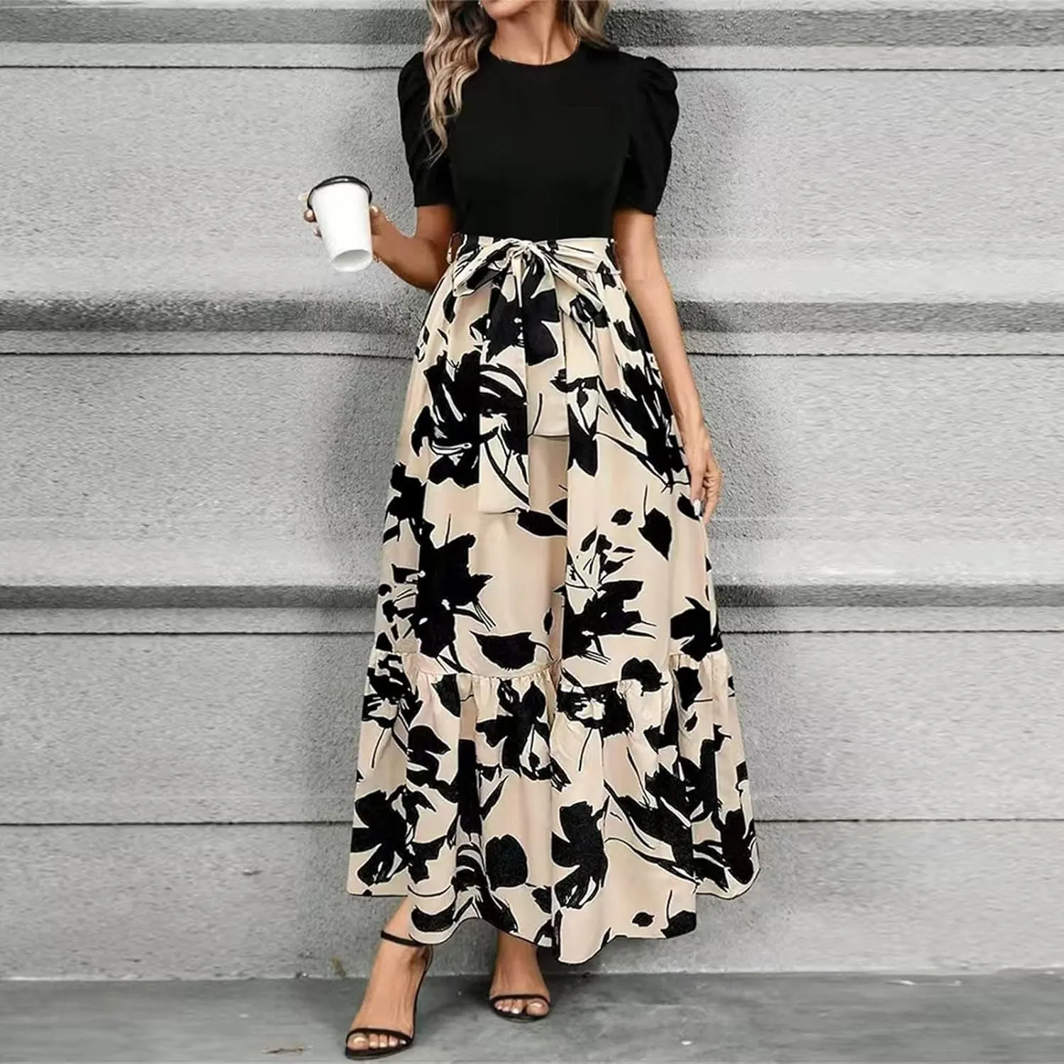 Wedding Guest Dresses for Women 2025 Summer Short Sleeve Floral Long Dress Cocktail Party A Line Flowy Maxi Skirts