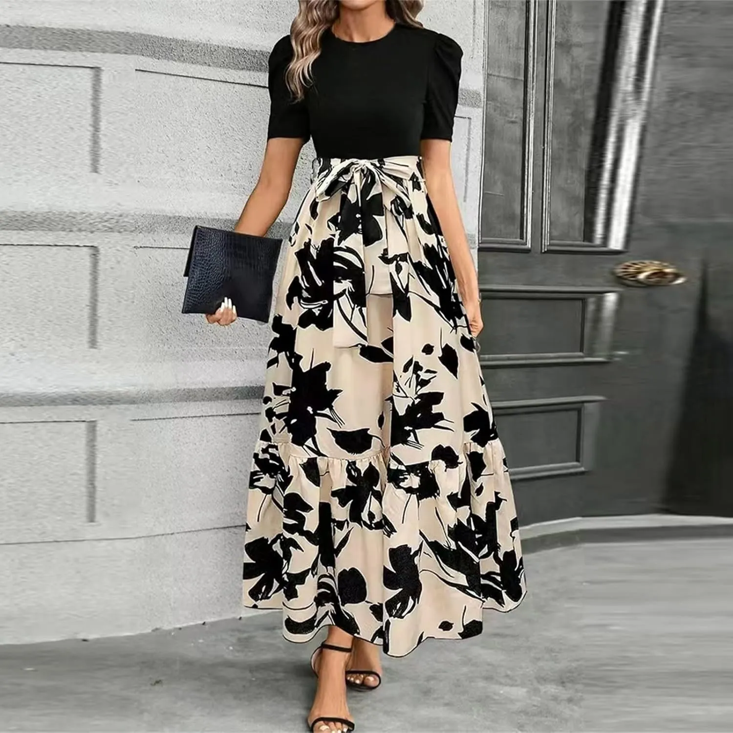 Wedding Guest Dresses for Women 2025 Summer Short Sleeve Floral Long Dress Cocktail Party A Line Flowy Maxi Skirts