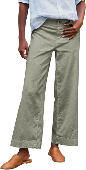 Wide Leg Linen Pants Women Cropped Elastic High Waisted Dress Pants Business Casual Comfy Work Pants with Pocket