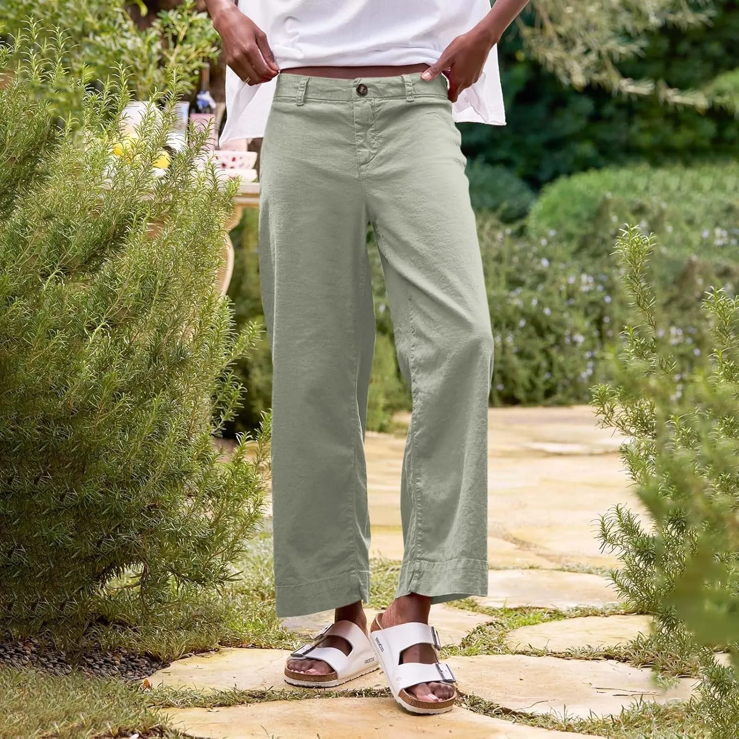 Wide Leg Linen Pants Women Cropped Elastic High Waisted Dress Pants Business Casual Comfy Work Pants with Pocket