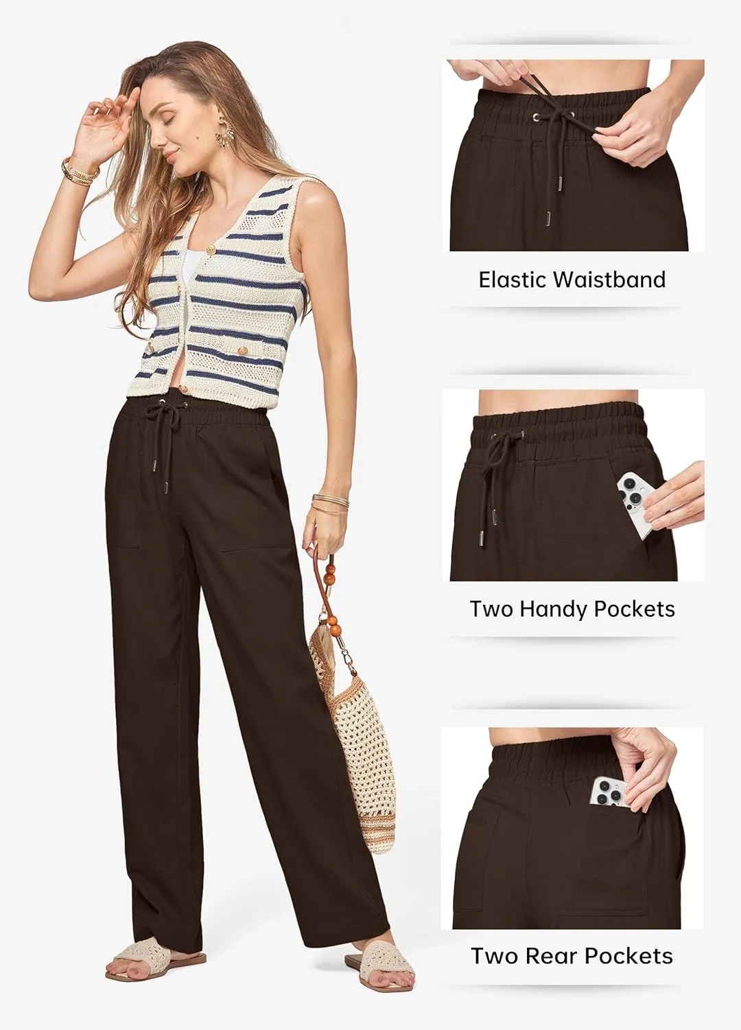 Willit Women Linen Pants Wide Leg Casual Palazzo Pants Cotton Linen Lounge Beach Summer Pants with Pockets 29"/31"/ 33"