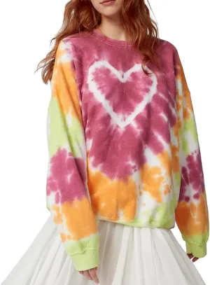 Winioder Women Y2K Heart Tie Dye Oversized Sweatshirt Long Sleeve Crewneck Color Block Pullover Tops Casual Loose Sweatshirts