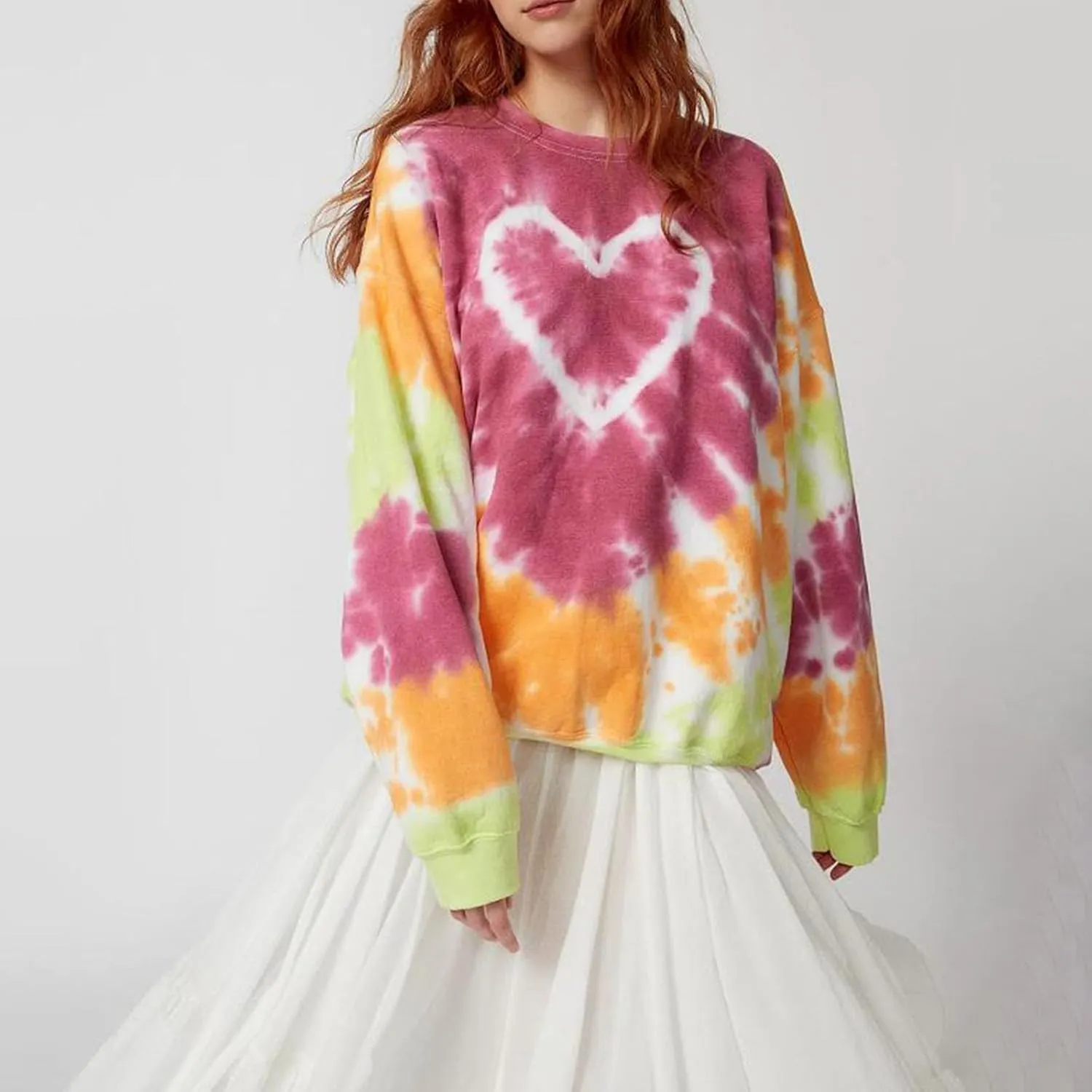 Winioder Women Y2K Heart Tie Dye Oversized Sweatshirt Long Sleeve Crewneck Color Block Pullover Tops Casual Loose Sweatshirts
