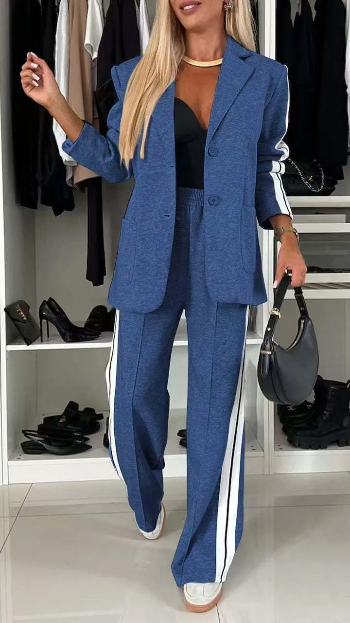 Women 2 Piece Business Outfits Sets Striped Print Blazer Jacket and Wide Leg Pants Work Casual Office Suit Sets