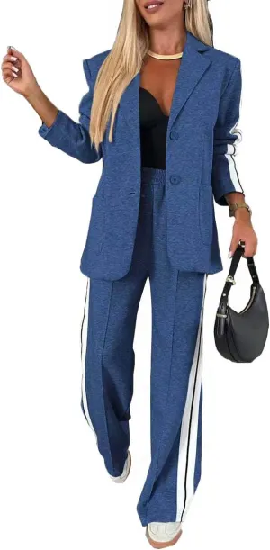 Women 2 Piece Business Outfits Sets Striped Print Blazer Jacket and Wide Leg Pants Work Casual Office Suit Sets