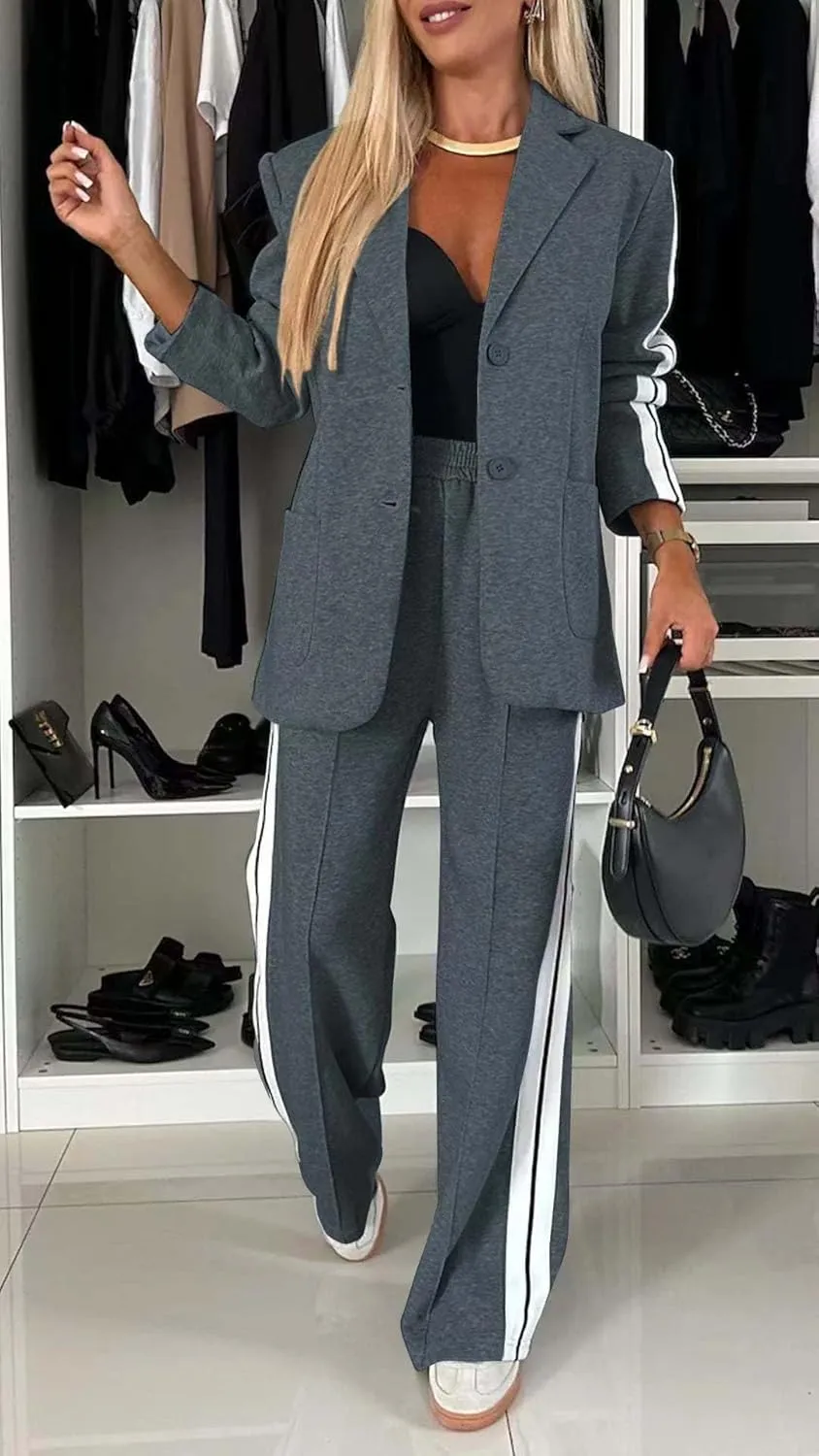 Women 2 Piece Business Outfits Sets Striped Print Blazer Jacket and Wide Leg Pants Work Casual Office Suit Sets