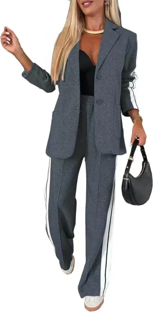 Women 2 Piece Business Outfits Sets Striped Print Blazer Jacket and Wide Leg Pants Work Casual Office Suit Sets