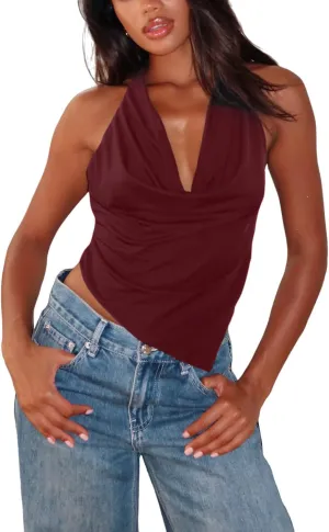 Women Deep V Neck Halter Cropped Tank Top Pleated Sleeveless Low Cut Ruched Open Back Crop Sexy Camisole Tops
