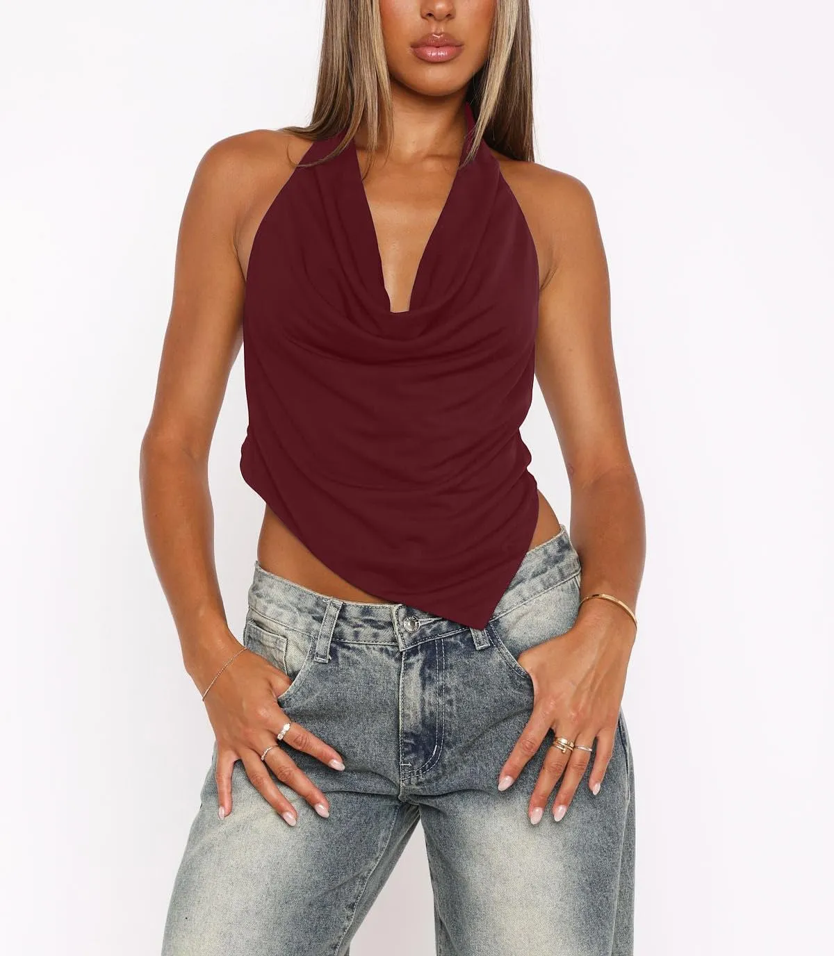 Women Deep V Neck Halter Cropped Tank Top Pleated Sleeveless Low Cut Ruched Open Back Crop Sexy Camisole Tops