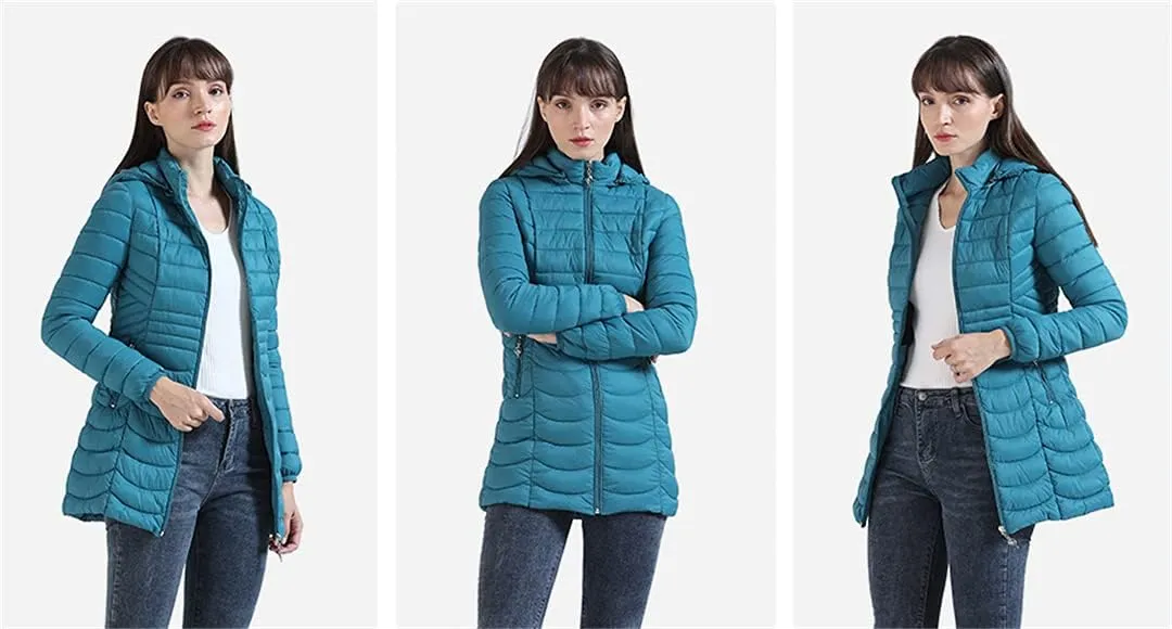 Women Long Ultralight Padded Jacket With Hood Winter Slim Coat Cotton Warm Parka
