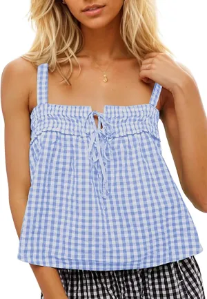 Women Plaid Cropped Camisole Tops Ruched Tie Front Square Neck Backless Loose Cute Crop Cami Tank Adjustable Top