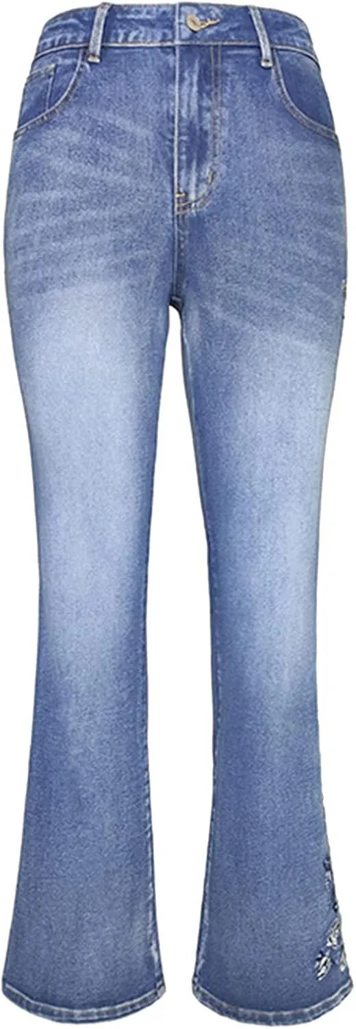 Women Retro Jeans High Waisted with Pocket Slim Fit Boot Cut Jeans for Women Flower Embroidered Jeans Trousers