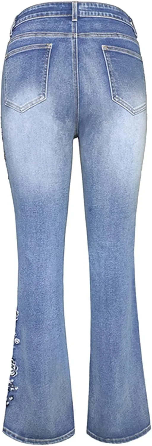 Women Retro Jeans High Waisted with Pocket Slim Fit Boot Cut Jeans for Women Flower Embroidered Jeans Trousers