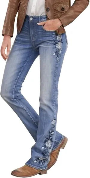 Women Retro Jeans High Waisted with Pocket Slim Fit Boot Cut Jeans for Women Flower Embroidered Jeans Trousers