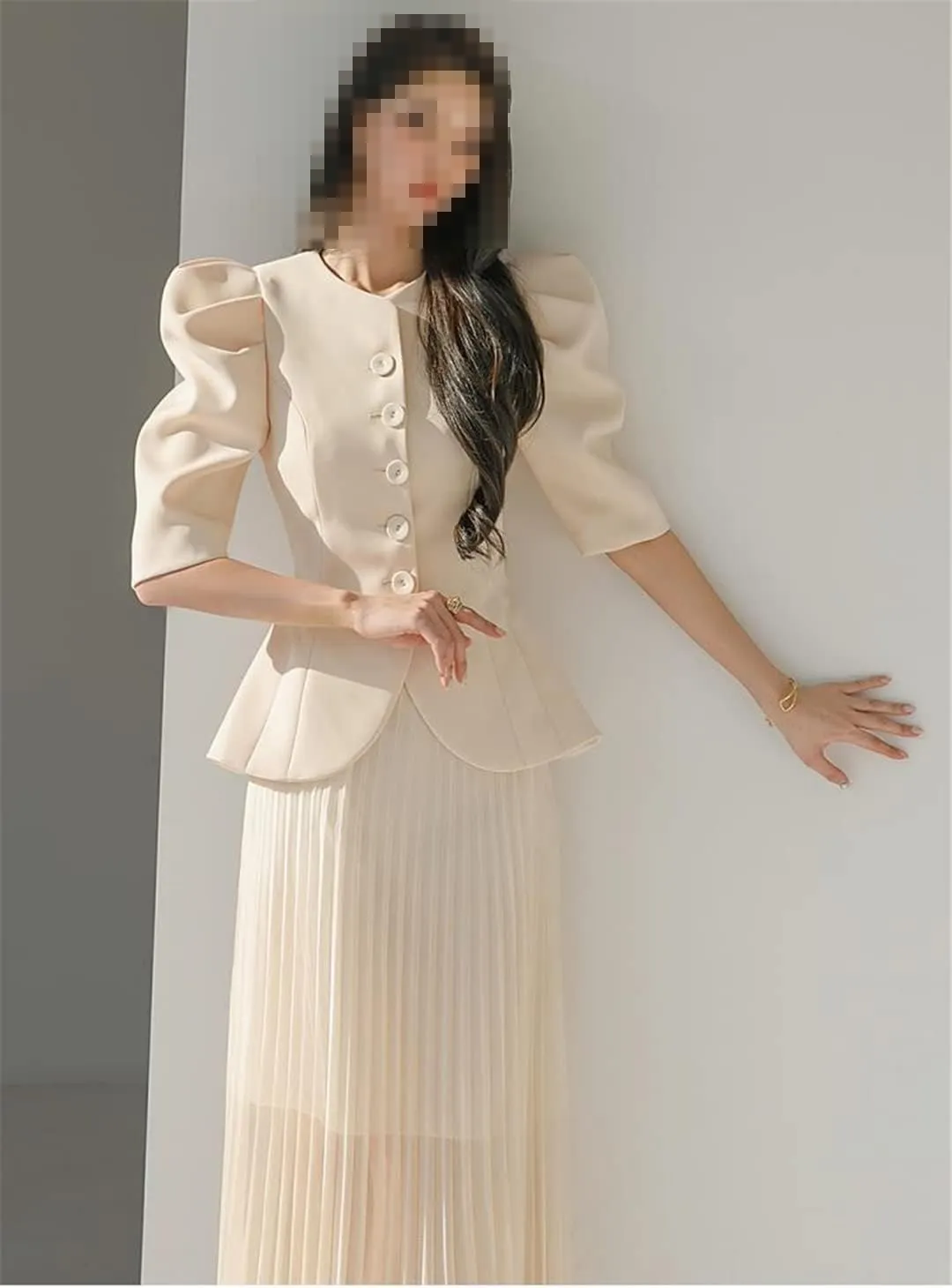 Women Single Breasted Coat Jacket & Pleated Long Skirts Sets Lady Office Work Suit