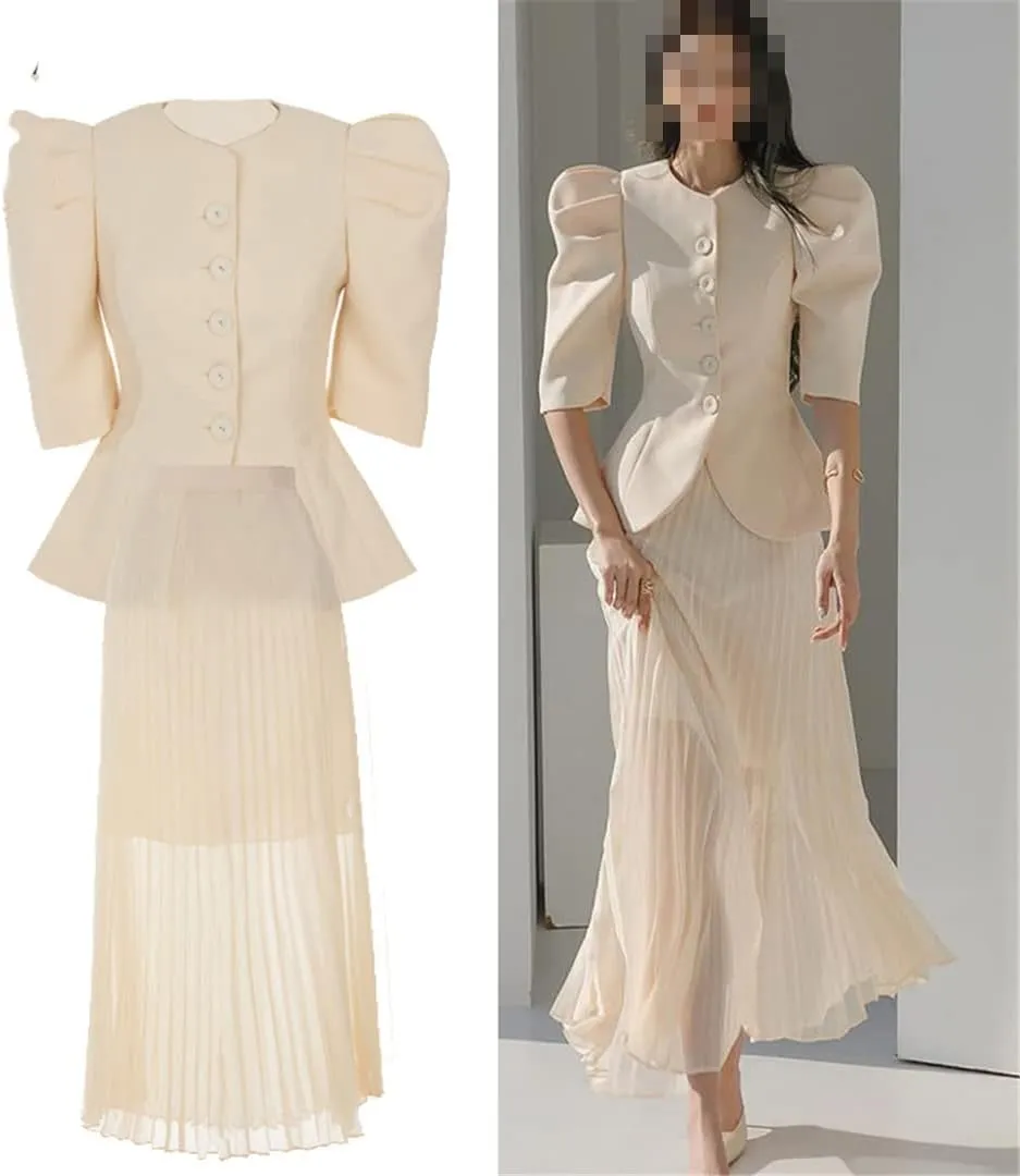 Women Single Breasted Coat Jacket & Pleated Long Skirts Sets Lady Office Work Suit