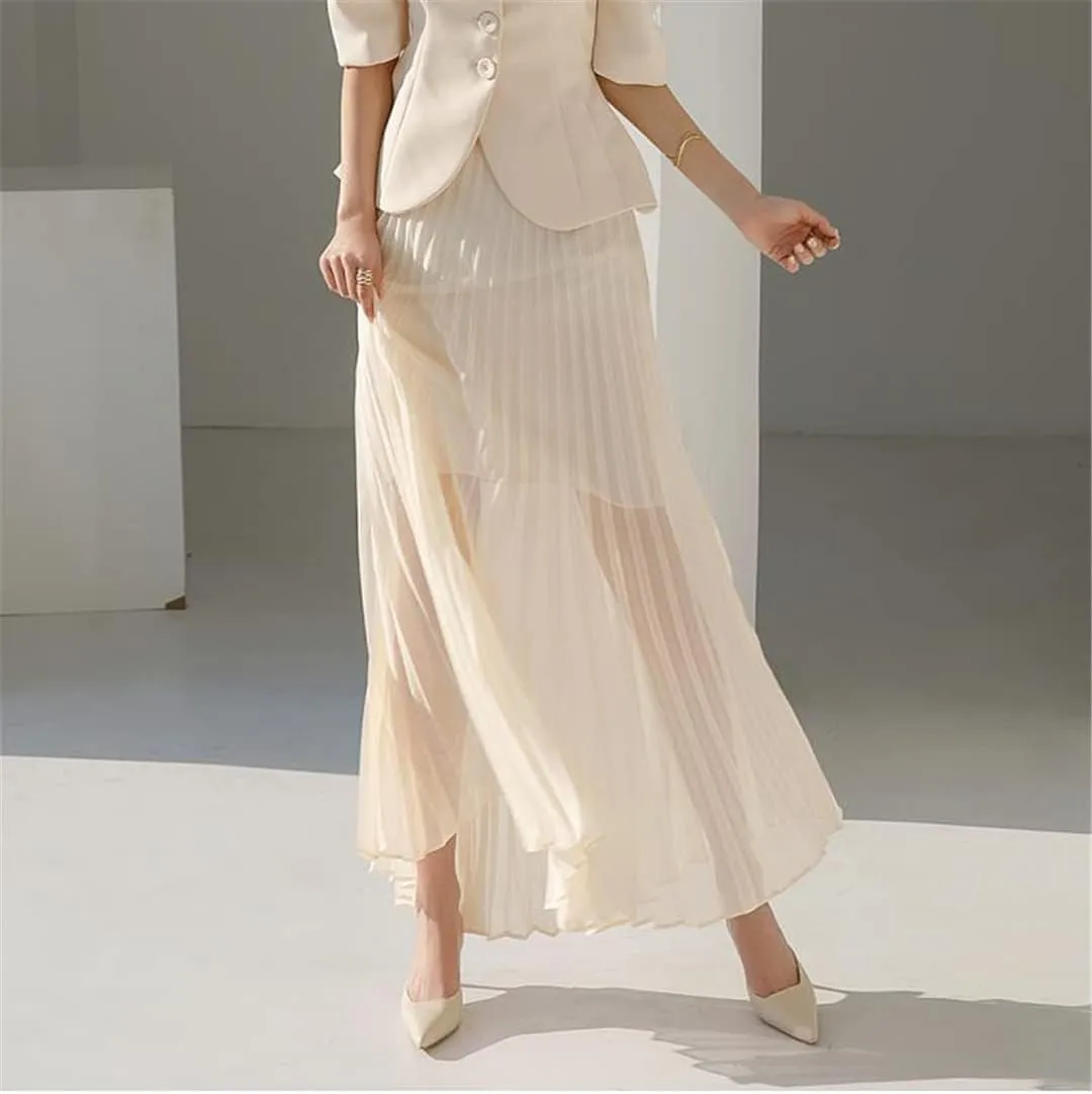 Women Single Breasted Coat Jacket & Pleated Long Skirts Sets Lady Office Work Suit
