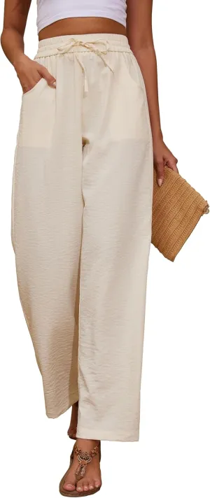 Women Summer Pants Flowy Pants Drawstring Waist Wide Leg Palazzo Beach Pants Loose Fit with Pockets Cream