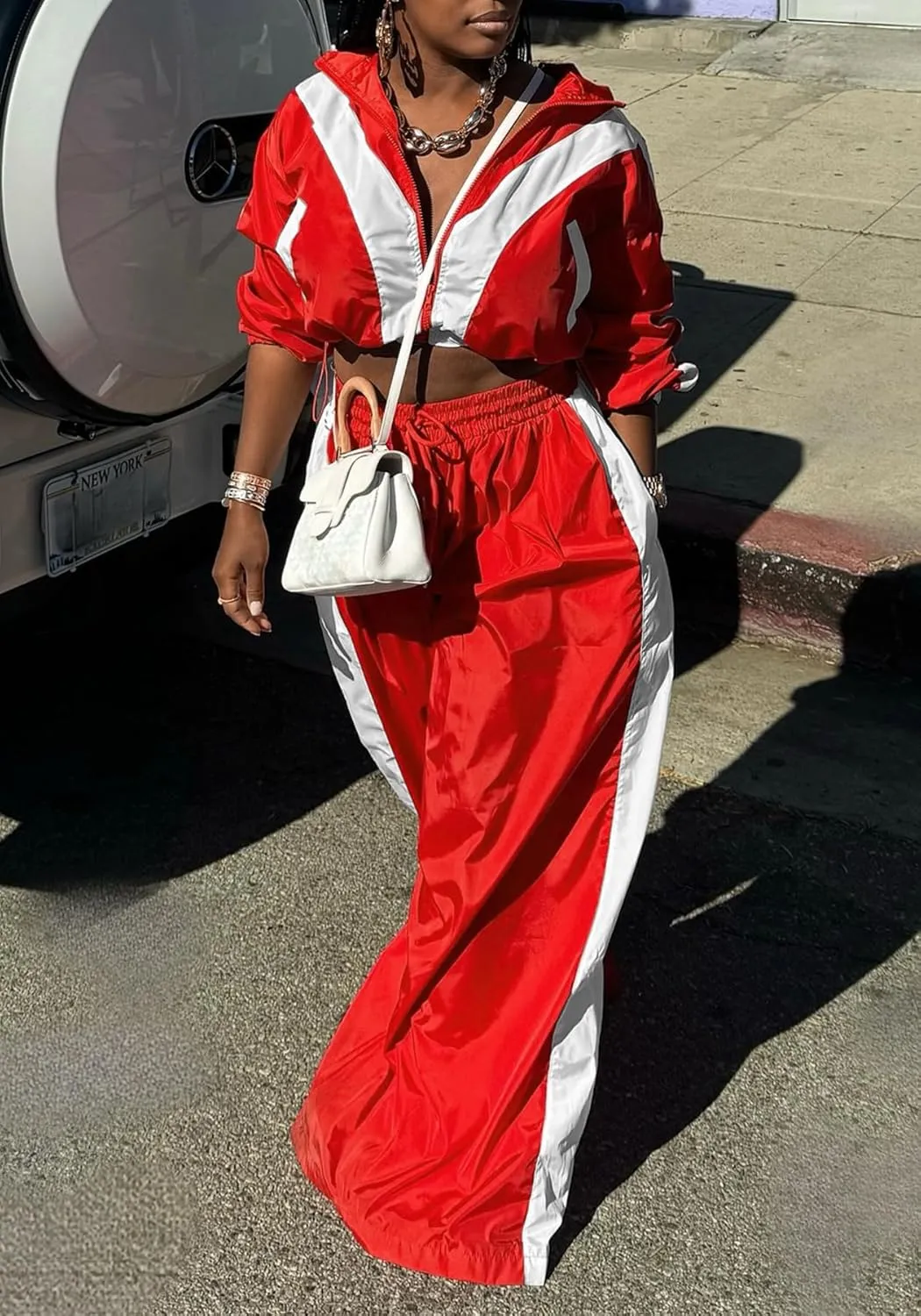 Women Sweatsuits 2 Piece Outfit Color Block Crop Zipper Tops & Elastic Waist Wide Leg Pants Sets Streetwear Tracksuit