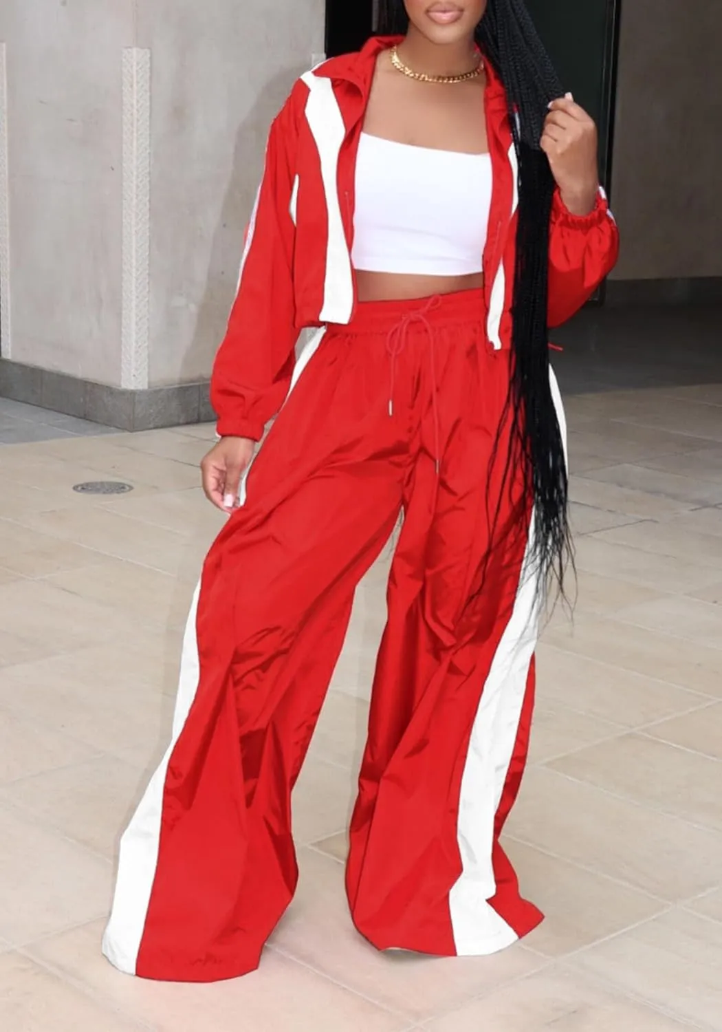 Women Sweatsuits 2 Piece Outfit Color Block Crop Zipper Tops & Elastic Waist Wide Leg Pants Sets Streetwear Tracksuit
