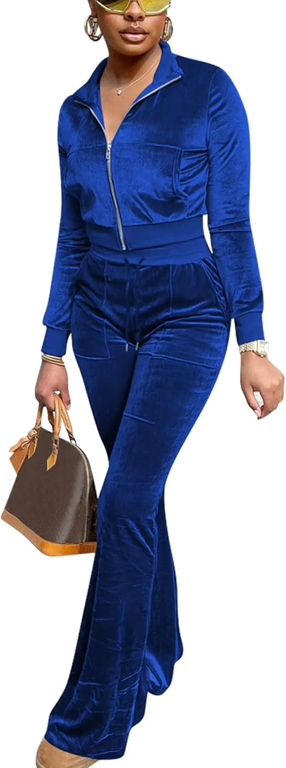 Women Velour Sweat Suits 2 Piece Outfits Tracksuits Long Sleeve Zip Up Jacket Flare Pants Cute Casual Matching Suit