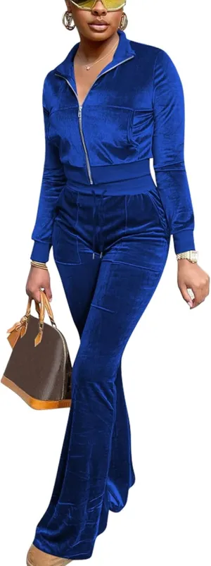 Women Velour Sweat Suits 2 Piece Outfits Tracksuits Long Sleeve Zip Up Jacket Flare Pants Cute Casual Matching Suit