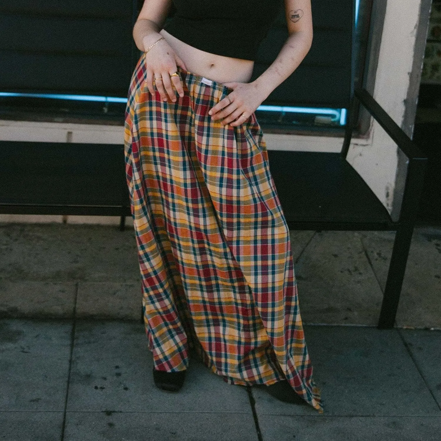 Women Vintage Plaid Maxi Skirt Elastic Waist Low Rise Gingham A Line Long Skirt Y2K Retro Swing Flowy Skirt Beachwear