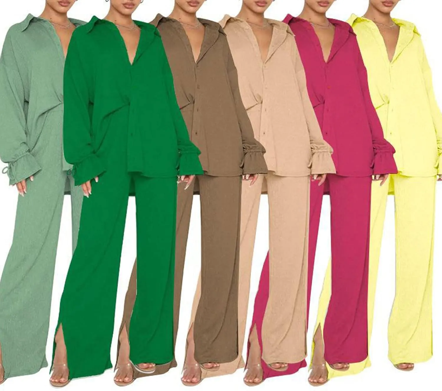 Women's 2 Piece Casual Outfits Solid Graphic Button Shirt and Loose High Waist Wide Leg Palazzo Pants Set Shorts