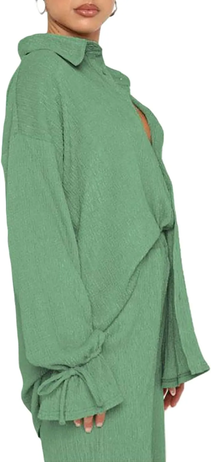 Women's 2 Piece Casual Outfits Solid Graphic Button Shirt and Loose High Waist Wide Leg Palazzo Pants Set Shorts