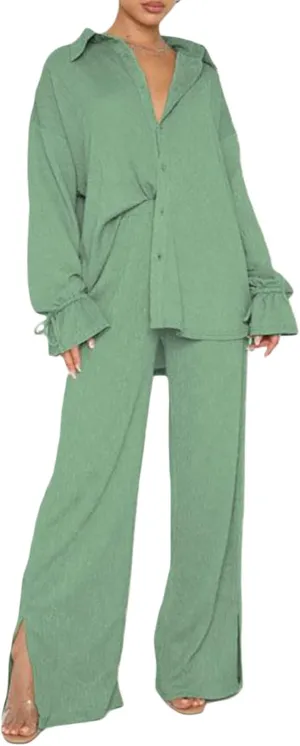 Women's 2 Piece Casual Outfits Solid Graphic Button Shirt and Loose High Waist Wide Leg Palazzo Pants Set Shorts