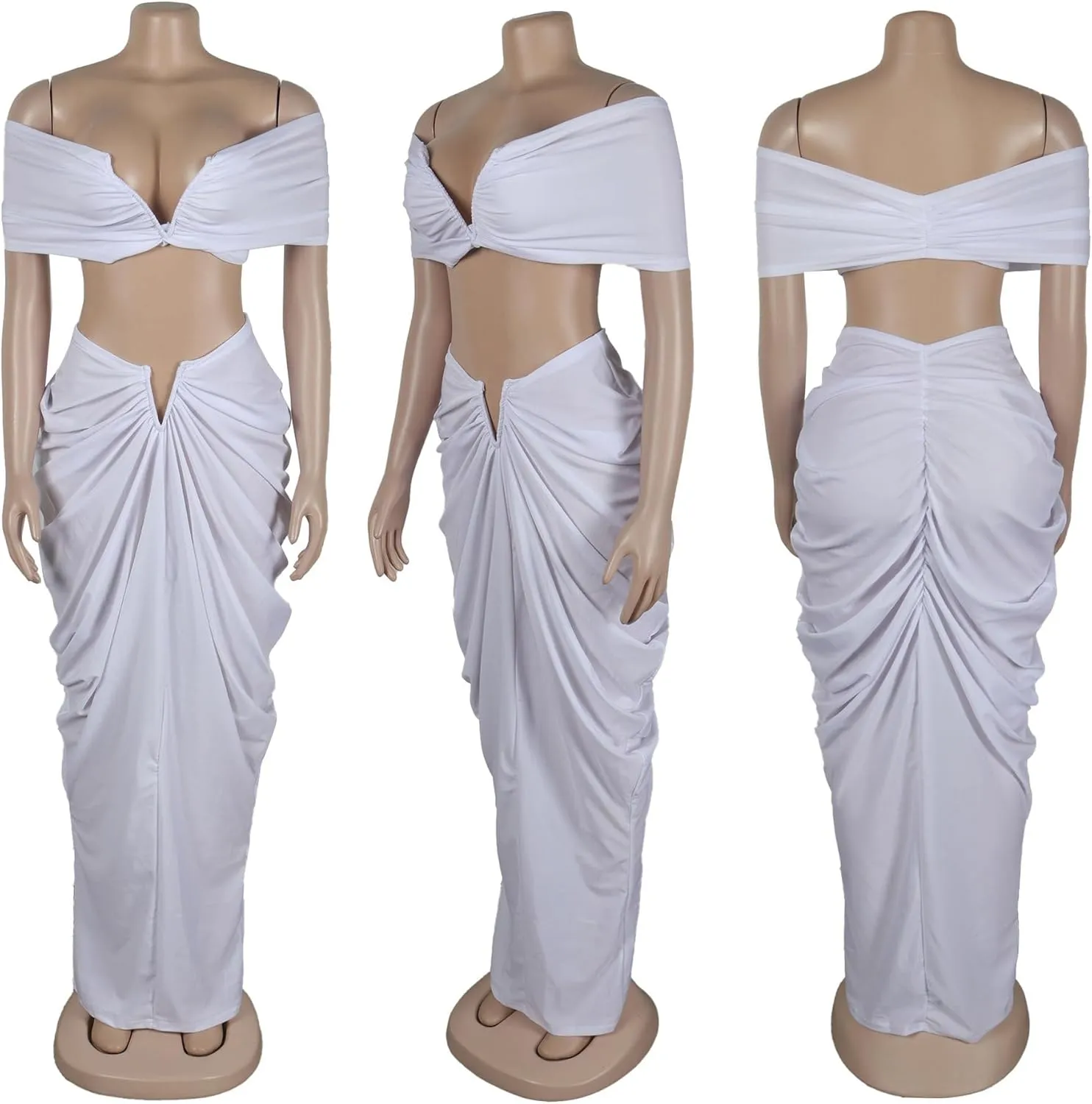 Women's 2 Piece Skirts Sets Strapless Sexy V Neck Tube Tops Ruched Pleated Maxi Skirt Cocktail Outfits Clubwear